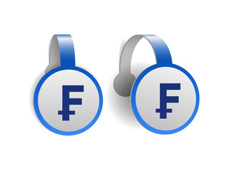 Swiss Franc symbol on Blue advertising wobblers.
