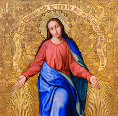 Bratislava, Slovakia. 2020/6/16. Virgin Mary – Our Lady of Grace. The words in German read: "O Mary, conceived without sin, pray for us who have recourse to thee." Trinity Church, Bratislava. © Adam Ján Figeľ