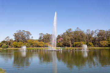 Detail of the lake of Ibirapuera park with its fountain