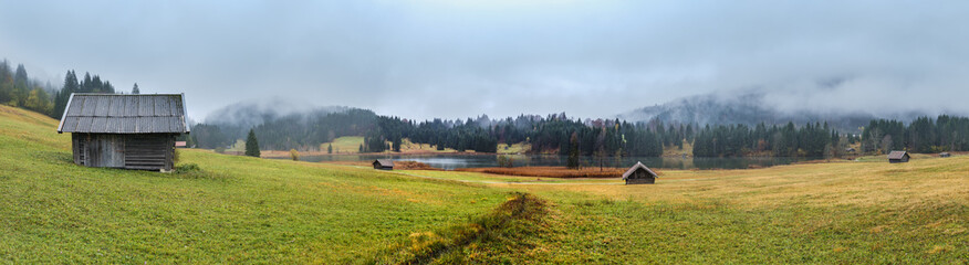 Alpine  lake Geroldee or Wagenbruchsee, Bavaria, Germany. Autumn overcast, foggy and drizzle day....