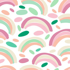 Vector seamless colorful pattern with cute little hand-drawn rainbows in pastel colors.