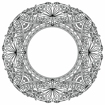wreath with flowers and ornaments drawn folk style on a white background for coloring, vector, isolated