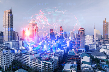 World planet Earth map hologram over panorama city view of Bangkok, Asia. The concept of international connections and business. Multi Exposure.