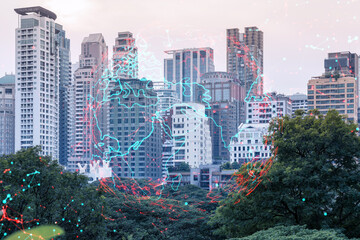 World planet Earth map hologram over panorama city view of Bangkok, Asia. The concept of international connections and business. Multi Exposure.