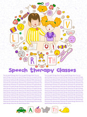 Concept article speech therapy. Cute childrens drawings icons in kavai style on the topic of speech therapy. Friendly speech and articulation classes