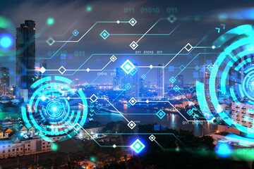 Obraz na płótnie Canvas Information flow hologram, night panorama city view of Bangkok. The largest technological center in Asia. The concept of programming science. Double exposure.