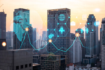 Hologram of Research and Development glowing icons. Sunset panoramic city view of Bangkok. Concept of innovative technologies to create new services and products in Asia. Double exposure.