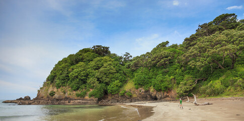 Natural beach with lonely man in New Zealand