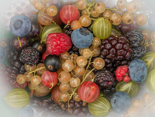 Mixed color garden fruit on wooden brown table and orange and green dish