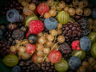 Mixed color garden fruit on wooden brown table and orange and green dish