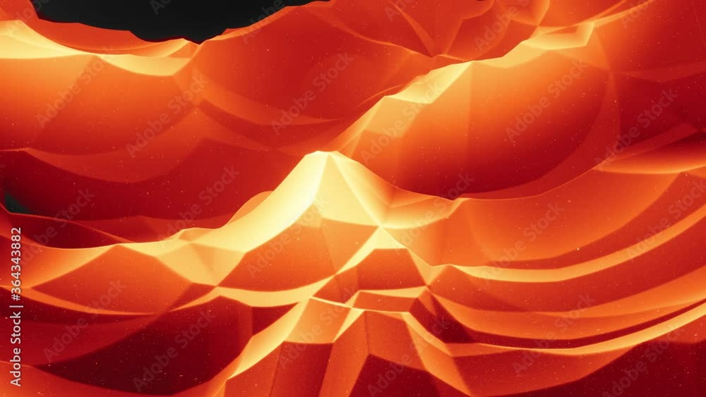 Poster beautiful abstract 3d surface with glitter sparkles, abstract 3d waves run on surface in loop. red o