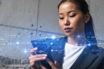 Businesswoman typing phone, work in modern office on new project. Technology hologram. Double...