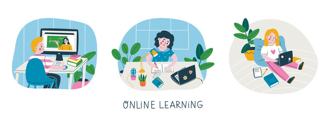 Set of kids at their workplaces studying online at home. Colorful characters using a computer and laptops for e-learning. Vector illustration of online education concept.