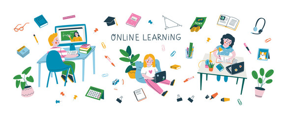 Set of kids studying online and various school supplies. Colorful vector illustration of the online learning or back to school concept. Isolated elements on white background.