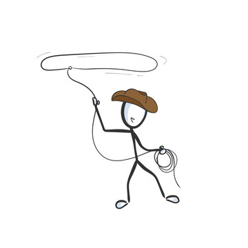 Wild west cowboy with rope. Vector simple cowboy loop. Stickman no face clipart cartoon. Hand drawn. Doodle sketch, graphic illustration