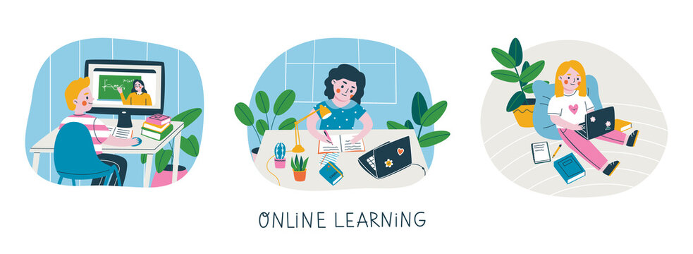 Set of kids at their workplaces studying online at home. Colorful characters using a computer and laptops for e-learning. Vector illustration of online education concept.