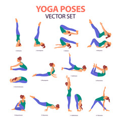 Female Yoga Icon Set in Flat Style. Vector Illustration of Beautiful Cartoon Woman in Various Poses of Yoga, Collection. Isolated on White Background