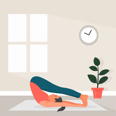 Female Yoga in Flat Style. Vector Illustration of Beautiful Cartoon Woman in Halasana Pose of Yoga. Home Sports Concept