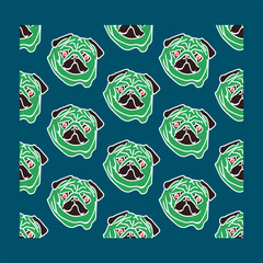 Seamless background, hand-drawn illustration of a dog. Pug made in a pleasant green color scheme, inspired by African motifs. Pets are drawn to the background of a textile or panel. Beautiful and cute