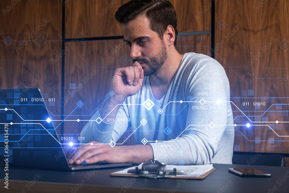 Poster a serious caucasian man in casual wears, typing laptop to create a new developers code for app. doub