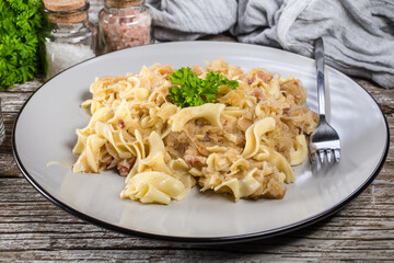 Pasta with sauerkraut and bacon.