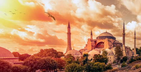 Istanbul Turkey – April 05, 2019:  Sunny day architecture and Hagia Sophia Museum, in Eminonu, istanbul, Turkey   - obrazy, fototapety, plakaty
