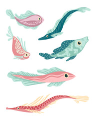 Set of sea exotic fishes flat vector illustration isolated on white background