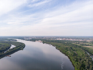 Aerial Drone view of Danube river and blue sky. Beautiful amazing landscape image of Danube river.