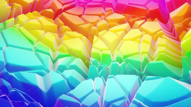 Beautiful abstract 3D surface with glitter sparkles, extruded or displaced waves transform in loop. Rainbow gradient, soft matte material like morphing sweetness or marmalade with light inner glow.