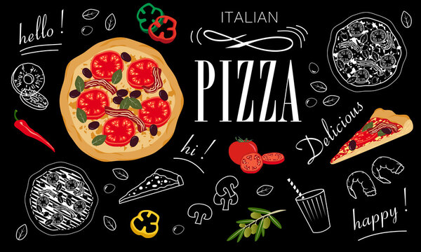 Affiche publicitaire pour une pizzéria comme un tableau noir avec des silhouettes d’aliment blanches et illustrations couleurs.