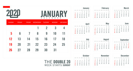 2020 calendar Week starts with monday