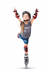 Five year old girl performs a roller skate trick