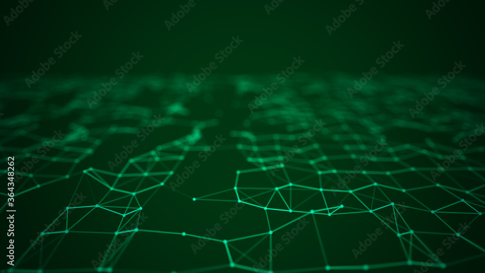 Poster wave 3d. wave of particles. abstract green geometric background. big data visualization. data techno