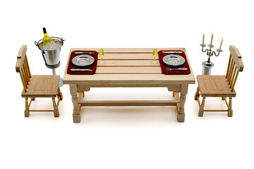 LONG TABLE EQUIPPED FOR TWO WITH SILVER CUTLERY, CANDLESTICK AND WINE IN THE ICE. MINIATURE TABLE.
