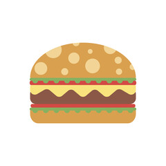 Delicious burger. Illustration of stylized hamburger. Flat style. Logo or sticker for your design. Vector illustration.