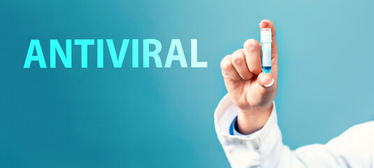 Antiviral Coronavirus theme with a doctor holding a laboratory vial on a blue background