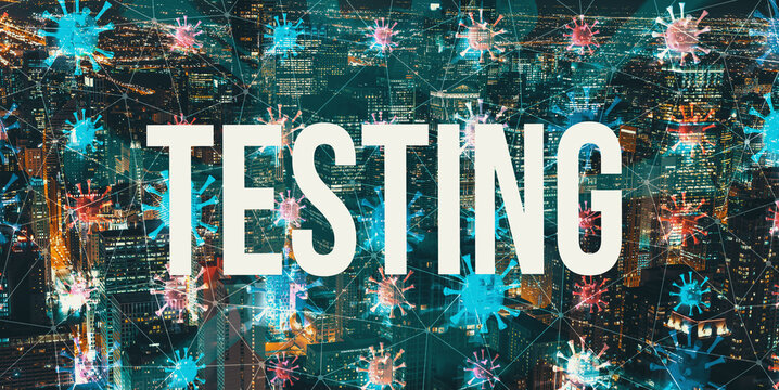 Covid-19 Testing theme with night cityscape and floating viruses