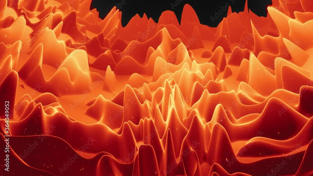 Poster beautiful abstract 3d surface with glitter sparkles, abstract 3d waves run on surface in loop. red o