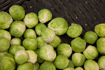 Close-up of cabbages on display in market