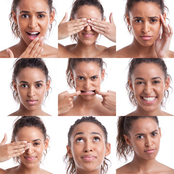 Collage of black female pulling many expressions