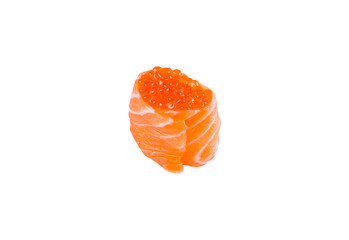 Japanese Gunkan Sushi with salmon caviar (Sake Ikura). Gunkan-poppy with Red caviar, rice wrapped in salmon fillet. Side view Pan Asian dish Gunkan isolated on white background
