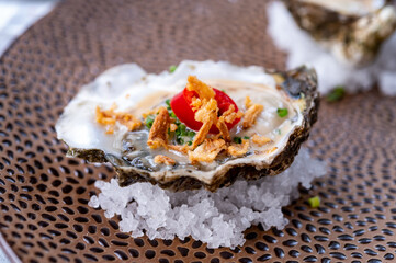Fresh oyster with dried onion and chili pepper served in shell on rock salt