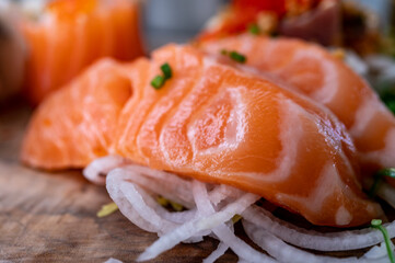 Japanese food, sashimi made from raw salmon fish