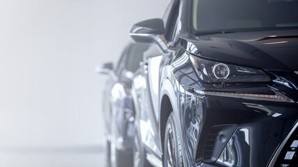 black car modern xenon lamp headlight. Close-up detail on one of the led headlights