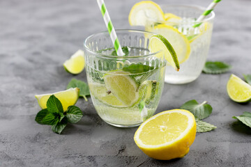 Refreshing water, cocktail in a glass with lemon, ice and mint. Summer drinks, relaxation, parties