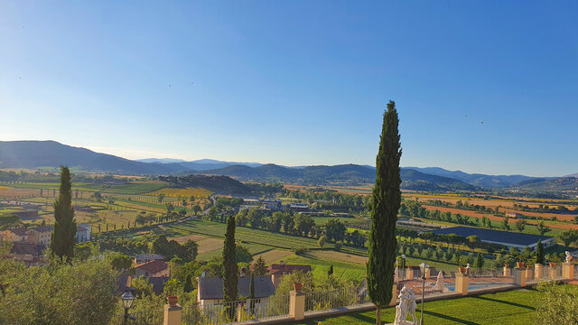 Landscape of the countryside from Solomeo, a beautiful hamlet that was built in the XII/XIII century in Umbria, Italy.
