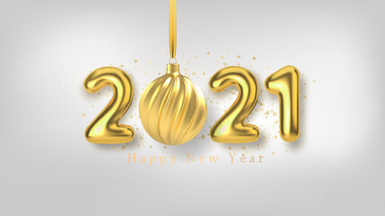 Happy New Year background with realistic gold inscription 2021 and Christmas tree toy of gold on a white horizontal background. Vector