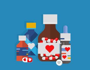 Large set of drugs Medicine, pharmacy, pills and medicine bottle, Pills blister with capsule injection needle,Scissors.
