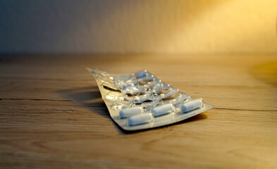 Medizin: Angebrochene Packung Tabletten, Kapseln auf dem Nachttisch 