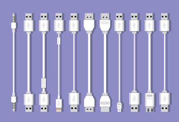 Different types of universal computer cable connectors, cables Type-A, Type-B, Mini-USB, USB Micro B, Micro-USB HDMI, Lightning, 30-pin USB,LAN wire